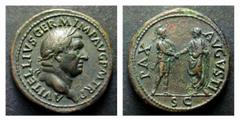 ROMAN IMPERIAL COINAGE VITELLIUS (69) VITELLIUS (69) AE-Dupondius, 14,17 g. Rome. c. 69. Obv.: A VITELLIVS GERM IMP AVG P M TR P Laureate head r. Rev.: PAX AVGVSTI / S C Roma and Vitellius clasping ha
