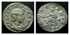 ROMAN IMPERIAL COINAGE JULIA PAULA, wife of Elagabalus JULIA PAULA, wife of Elagabalus AR-Denarius, 3,70 g. Rome. c. 219. Obv.: IVLIA PAVLA AVG Bust r. Rev.: CONCORDIA Concordia l., patera, star. RIC 