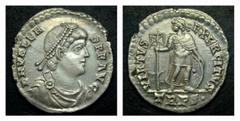 ROMAN IMPERIAL COINAGE VALENS (364-378) VALENS (364-378) AR-Miliarense, 4,31 g. Trier. c. 367-375. Obv.: VALENS PF AVG Diademed, draped, cuirassed bust r. Rev.: VIRTVS EXERCITVS / TRPS• Emperor, stand