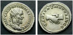 ROMAN IMPERIAL COINS PUPIENUS (238) AR-Antoninianus, 5.09 g. Rome, 238. Obv.: IMP CAES PVPIEN MAXIMVS AVG Radiate, draped, cuirassed bust r. Rev.: CARITAS MVTVA AVGG Two clasped hands. RIC 10b; Coh. 3