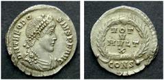 ROMAN IMPERIAL COINS THEODOSIUS I (379-395) AR-Siliqua, 2.01 g. Constantinopolis, 379-395. Obv.: DN THEODOSIVS PF AVG Diademed, draped, cuirassed bust of Theodosius I r. Rev.: VOT V MVLT X / CONS Wrea