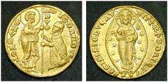WORLD COINS ITALY VENEZIA GIOVANNI DANDOLO (1280 - 1289) Ducato . AV 3.54 g. Obv.: IO DANDVL S M VENETI DVX St. Mark holding book of Gospels and presenting banner to the Doge. Rev.: SIT T XPE DAT Q TV