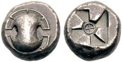 Greek Coins Boeotia Thebes, 480-460 BC AR-Stater, 12.04g. Obv.: Boethian shield. Rev.: Θ Incuse punch. Myron Hoard pl. A, 14; SNG Fitzwilliam 2905. Extremely fine