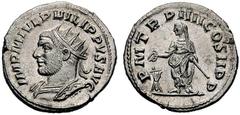 Roman Imperial Coins Philip I Arabs (247-249) AR-Antoninianus, 4.39g. Antioch, 247 Obv.: IMP M IVL PHILIPPVS AVG Radiate, draped, cuirassed bust l. Rev.: P M TR P IIII COS II P P Emperor l., patera, a