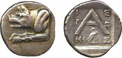 Ancient Coins. Greek. Argos (c.228-146 BC), Silver Triobol, forepart of wolf left, rev IEP Ω NOΣ around large A , eagle standing right on thunderbolt below, all within incuse square, 2.35g (Dewing 192