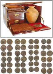 Ancient Coins. Roman Coins From The Bishop’s Wood Hoard. Brazilian Mahogany Cabinet, purpose-built by Spink & Son, drop-front, bevelled-glazed lifting lid, with two interior compartments, the left wit
