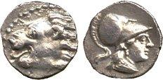 Ancient Coins. Greek. Cyprus , Salamis (?) (c.350 BC), Silver Obol, lion’s head left, with jaws open, rev head of Athena right, wearing crested Athenian helmet, 0.69g (BMC p.cvi, 6, pl.XXIV, 14; cf J 