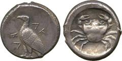 Ancient Coins. Greek. Sicily , Akragas (c.483-475 BC), Silver Didrachm, AK / RA, eagle standing left , rev crab, 8.74g (SNG Lockett 700 (this coin); SNG ANS 951 (obverse die); cf Jenkins, Gela, group 