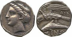Ancient Coins. Greek. Paphlagonia, Sinope (c.410-350 BC), Silver Drachm, head of Nymph left , rev ΣINΩ, eagle on dolphin left , ΔIO to right, 6.12g (SNG BM Black Sea 1397). Iridescent cabinet tone, ab
