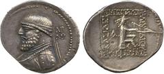 Ancient Coins. Greek. Kingdom of Parthia, Mithradates II (c.123-88 BC), Silver Drachm, Rhagae, diademed and cuirassed bust of king left, AP / ΛP behind , rev Arsaces seated right on omphalos, holding 