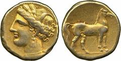 Ancient Coins. Greek. North Africa, Carthage (c.290-270 BC), Electrum Stater, wreathed head of Tanit left, wearing earring and necklace , rev horse standing right, exergual line below, 7.52g (Jenkins 