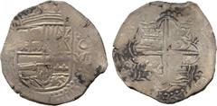 South American Cob Coinage. Philip III of Spain, 8-Reales, Potosi mint, 1617M (probably Juan Munoz), rev clear but not deeply struck full four-digit date in legend, 26.74g (Calico 129). Patchy toning,