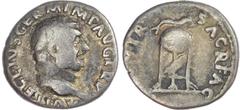 Ancient Rome Vitellius (AD 69) AR Denarius, Rome, 3.12g. A VITELLIVS GERM IMP AVG TR P, laureate head of Vitellius facing right. Rev. [XV] VIR SACR FAC, tripod topped with dolphin, raven standing righ