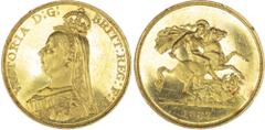 British Victoria (1837‑1901), Currency set, 1887, Golden Jubilee year in a fitted B. A. Seaby Ltd case with original tissue and inlay, Gold Five and Two Pounds, Sovereign and Half-Sovereign to Crown, 