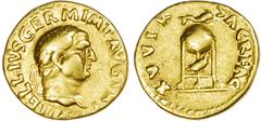 ANCIENT ROME Vitellius (AD 69) AV Aureus, Rome, 7.19g. A VITELLIVS IMP AVG P P, laureate head of Vitellius right. Rev. XV VIR SACR FAC, globe on tripod, topped with dolphin, eagle before. (RIC 108; Ca