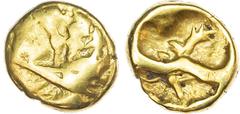 Celtic Celtic Imported Coinages, Morini (c. 60-30/25 BC) AV ¼ Stater, 'Three Men in a Boat' type, 1.37g. Plain mound. Rev. 'Tree' motif, bar below. (ABC 40; Van Arsdell 69-3). Good Very Fine.