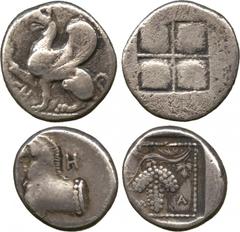 ANCIENT COINS. GREEK. Thrace, Abdera (c.492-470 BC), Silver Drachm, griffin to left, rev quadripartite incuse square (May 75), some porosity and old scratches, fine; Apollonia Pontika (4th Century BC)