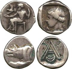 ANCIENT COINS. GREEK. Arcadia, Arcadian League, Silver Hemidrachm (c.490-417 BC), Zeus enthroned, rev head of Despoina within incuse square (SNG Cop 171); Argos (after c.343 BC), Silver Tetrobol, fore