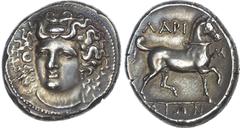 Ancient Greece Thessaly, Larissa (c. 356?342 BC) AR Stater, 11.90g. Head of the nymph Larissa facing slightly to the left, wearing ampyx, earring and necklace. Rev. ?API?? / AI?N, bridled horse right.