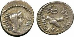 ANCIENT COINS. Mark Antony & Octavian, Silver Quinarius, Gaul, 39 BC, III VIR R P C, diademed and veiled head of Concordia right , rev M ANTON C CAESAR, clasped right hands, around caduceus, 1.85g (Cr