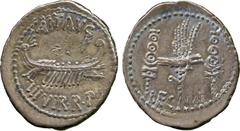ANCIENT COINS. Mark Antony, Silver Denarius, Patrae?, 32-31 BC, ANT AVG III VIR R P C, ship right , rev LEG – III, Aquila between two standards, 3.50g (Cr 544/15;Syd 1217). Light banker’s mark on obve