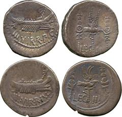 ANCIENT COINS. Mark Antony, Silver Denarii (2), Patrae?, 32-31 BC, ship right, revs Aquila between two standards, LEG – II (1), LEG – III (1) (Cr 544/14, 15). Old iridescent tones, first very fine, th