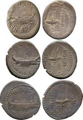 ANCIENT COINS. Mark Antony, Silver Denarii (3), Patrae?, 32-31 BC, ship right, revs Aquila between two standards, L EG – XIV (1), LEG – XV (1), LEG – XVI (1) (Cr 544/29, 30, 31). Old iridescent tones,