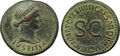 ANCIENT COINS. Livia (wife of Augustus and mother of Tiberius), AE Dupondius, struck under Tiberius, AD 22-23, IVSTITIA , diademed and draped bust of Livia, as Justitia right , rev TI CAESAR DIVI AVG 