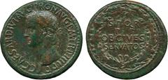 ANCIENT COINS. Caligula (AD 37-41), AE Sestertius, AD 40-41, C CAESAR DIVI AVG PRON AVG P M TR P IIII P P, laureate head left , rev S P Q R / P P / OB CIVES / S ERVATOS within oak-wreath, 29.40g (RIC 
