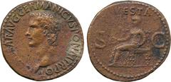 ANCIENT COINS. Caligula (AD 37-41), AE As, AD 37-38, C CAESAR AVG GERMANICVS PON M TR POT, bare head left , rev VESTA, S-C, Vesta enthroned left, holding patera and sceptre, 10.70g (RIC 38;BMC 46). So