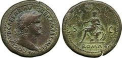 ANCIENT COINS. Nero (AD 54-68), AE Sestertius, c.AD 65, NERO CLAVD CAESAR AVG GER P M TR P IMP P P, laureate head right , rev S – S / ROMA, Roma seated left on cuirass, holding Victory and resting arm