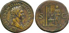 ANCIENT COINS. Domitian (AD 81-96), AE Sestertius, AD 85, IMP CAES DOMITIAN AVG GERM COS XI, laureate bust right, wearing aegis , rev S-C, Domitian standing left, sacrificing from patera over altar in