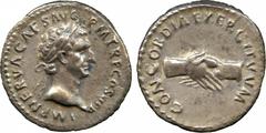 ANCIENT COINS. Nerva (AD 96-98), Silver Denarius, AD 96, IMP NERVA CAES AVG P M TR P COS II P P, laureate head right , rev CONCODRIA EXERCITVVM, clasped right hands, 3.19g (RIC 2;C 16). Iridescent ton