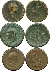 ANCIENT COINS. First Century Sestertii (5), issues of Vespasian , rev Judaea seated by palm tree, Victory inscribing shield, Titus, Domitian (2) and Nerva. Fine and better . (5) Part of The David Heue