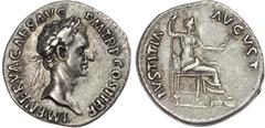 Ancient Rome Nerva (AD 96-98) AR Denarius, Rome, AD 96, 3.73g. IMP NERVA CAES AVG PM TR P COS II P P, laureate head of Nerva right. Rev. IVSTITIA AVGVST, Justitia seated right on throne, holding scept