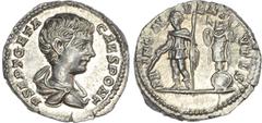 Ancient Rome Geta (as Caesar AD 198-209) AR Denarius, Rome, AD 200-202, 3.39g. P SEPT GETA CAES PONT, bareheaded and draped bust of Geta right. Rev. PRI-NC IVV-ENTVT-IS, Geta standing left, holding ba