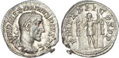 Ancient Rome Maximinus Thrax (AD 235-238) AR Denarius, Rome, AD 236, 3.46g. IMP MAXIMINVS PIVS AVG, laureate, draped and cuirassed bust of Maximinus right. Rev. PM TR P II COS P P, Emperor standing le
