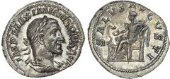 Ancient Rome Maximinus Thrax (AD 235-238) AR Denarius, Rome, AD 236-237, 3.27g. IMP MAXIMINVS PIVS AVG, laureate, draped and cuirassed bust of Maximinus right. Rev. SALVS AVGVSTI, Salus seated left, f