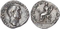 Ancient Rome Vitellius (AD 69) AR Denarius, mint of Rome, 3.24g. A VITELLIVS GERM IMP AVG TR P, laureate head of Vitellius facing right. Rev. CONCOR-DIA P R, Concordia seated left, holding patera and 