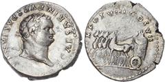 Ancient Rome Titus (AD 79-81) AR Denarius, Rome, AD 79, 3.40g. IMP TITVS CAESAR VESPASIAN AVG P M, laureate head of Titus right. Rev. TR POT VIII IMP XIIII COS VII P P, garlanded quadriga left, contai