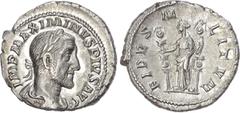Ancient Rome Maximinus Thrax (AD 235-238) AR Denarius, Rome, AD 236, 3.00g. IMP MAXIMINVS PIVS AVG,laureate, draped and cuirassed bust of Maximinus right. Rev. FIDES M-I-LITVM, Fides standing left, ho