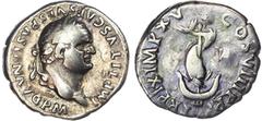 Ancient Rome Titus (AD 79-81) AR Denarius, Rome, AD 80, 2.65g. IMP TITVS CAESAR VESPASIAN AVG P M, laureate head of Titus right. Rev. TR P IX IMP XV COS VIII P P, dolphin coiled around anchor. (RIC 11