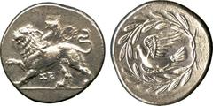 ANCIENT COINS. Ancient Greek. Peloponnese, Sikyon (c.330 BC), Silver Stater, Chimaera advancing left on ground line, raising right foreleg, wreath above, ΣΕ below, rev dove flying left, letter I in fi
