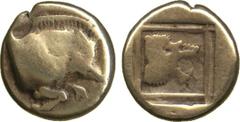 ANCIENT COINS. Ancient Greek. Lesbos, Mytilene (c.480-450 BC), Electrum 1/6-Stater, forepart of boar right, rev lion’s head with jaws open and tongue protruding, in linear square within shallow incuse