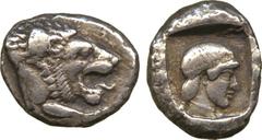 ANCIENT COINS. Ancient Greek. Caria, Knidos (465-449 BC), Silver Drachm, forepart of lion right with jaws open and tongue protruding, rev archaic style head of Aphrodite right, hair in queue, diademed