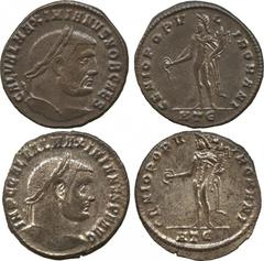 ANCIENT COINS. Roman. Mint of Rome, unless otherwise stated. Galerius (as Caesar, AD 293-305), Billon Follis, Heracleia, GENIO POPVLI ROMANI, Genius standing left, HTE in exergue (RIC 18b); Galerius (