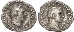 Ancient Rome Vitellius (AD 69), with Vitellius the Elder, AR Denarius, Rome, 2.83g. A VITELLIVS GERM P AVG TR P, laureate head of Vitellius right. Rev. L VITELLIVS COS III CENSOR, laureate and draped 