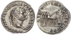 Ancient Rome Titus (AD 79-81) AR Denarius, Rome, AD 79, 3.24g. IMP TITVS CAESAR VESPASIAN AVG P M, laureate head of Titus right. Rev. TR POT VIII IMP XIIII COS VII P P, garlanded quadriga left, contai