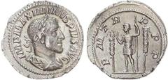 Ancient Rome Maximinus Thrax (AD 235-238) AR Denarius, Rome, AD 235, 3.08g. Laureate, draped and cuirassed bust right. Rev. Emperor standing left between two standards, holding sceptre and raising han