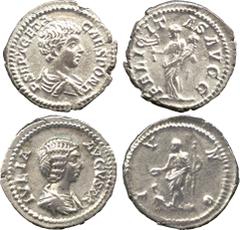 ANCIENT COINS. ROMAN. Septimius Severus (AD 193-211), Silver Denarius, Rome , AD 199-200, rev Victory (RIC 144b); Julia Domna, wife of Septimius Severus, Silver Denarius, Rome, AD 196-211, rev Juno (R